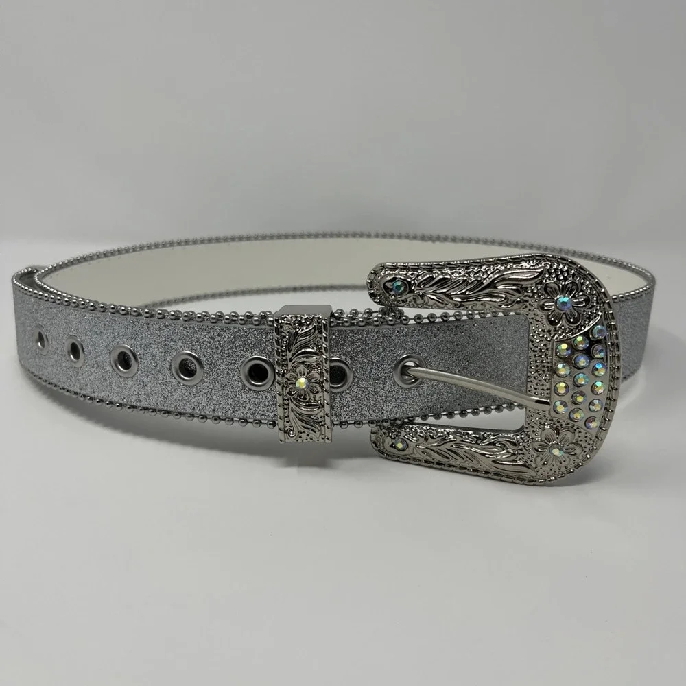 Silver Glitter Rhinestone Belt | Bling Western Cowboy Crystal Buckle - 40 Inches